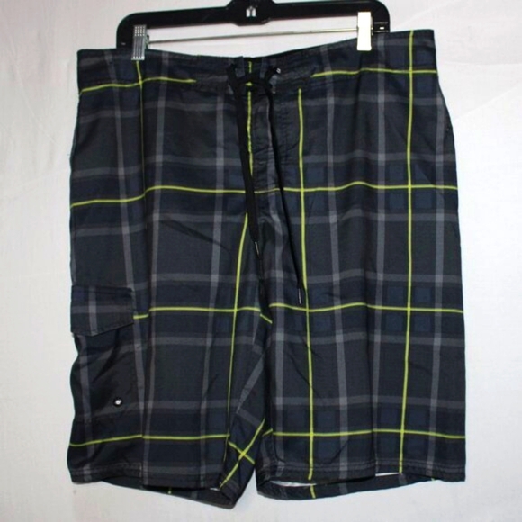 90s Retro Men's Plaid Board Shorts S-36 – Black & Neon Yellow, Cargo Pocket, D - Picture 3 of 6